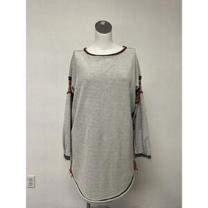 NATURAL LIFE Womens LG Boho Oversized Knit nordic Trim Sweatshirt Gray Raw Edge